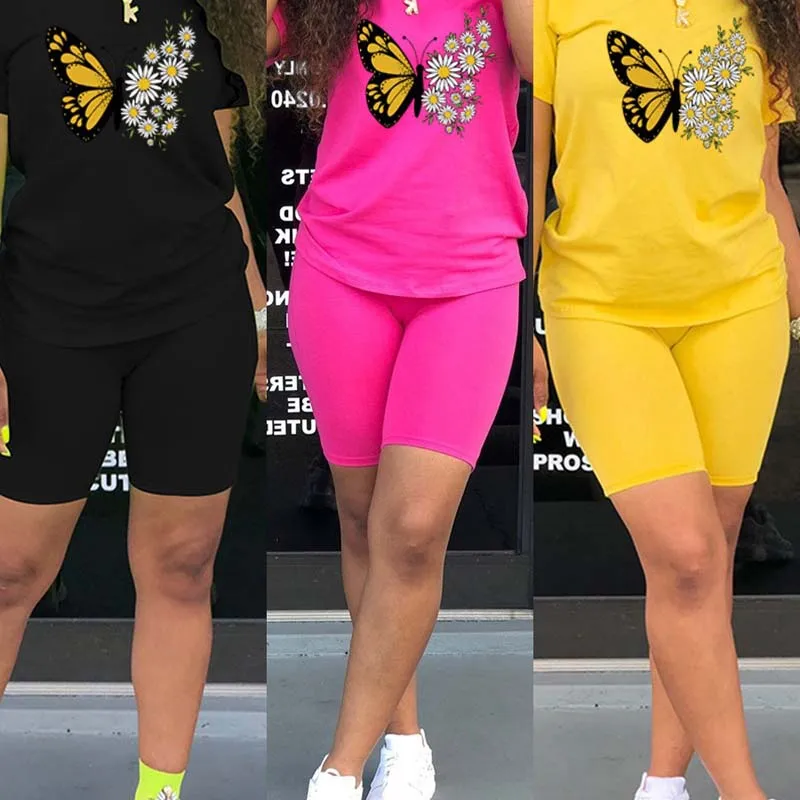 

Daisy Butterfly Print Round Neck T-Shirt Two-Piece Leisure Sports Fitness Suit Women