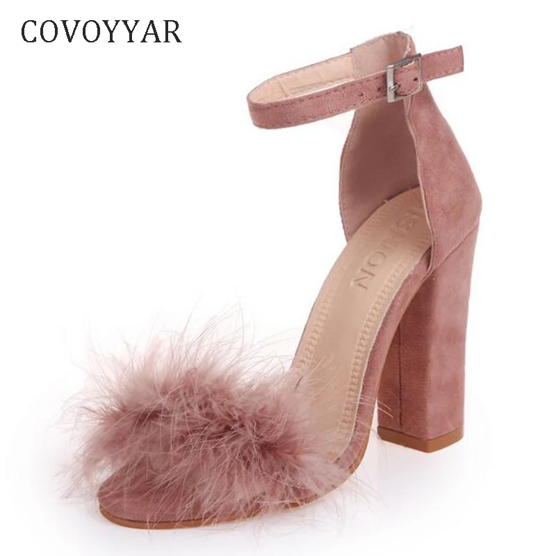 

COVOYYAR туфли на высоком каблуке с ремешком на щиколотке из искусственной кожи с пышным кроличьим мехом женские босоножки 2021 на высоких толсты...
