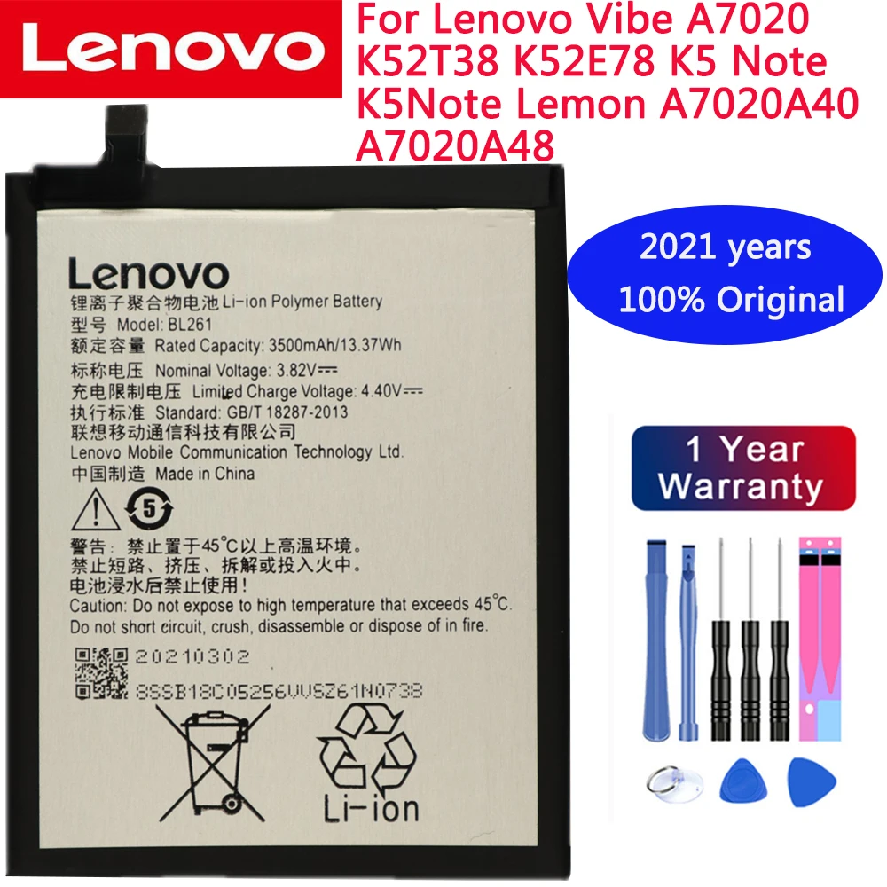 

2021 years 100% Original BL261 For Lenovo Vibe A7020 K52T38 K52E78 K5 Note K5Note Lemon A7020A40 A7020A48 Battery+Free tools