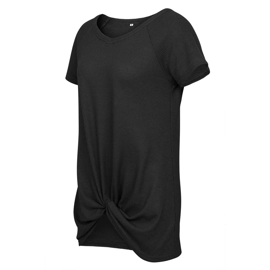 

Women O-neck Solid Color Short Sleeve Tie Splice T-shirt Casual Blouse Tops
