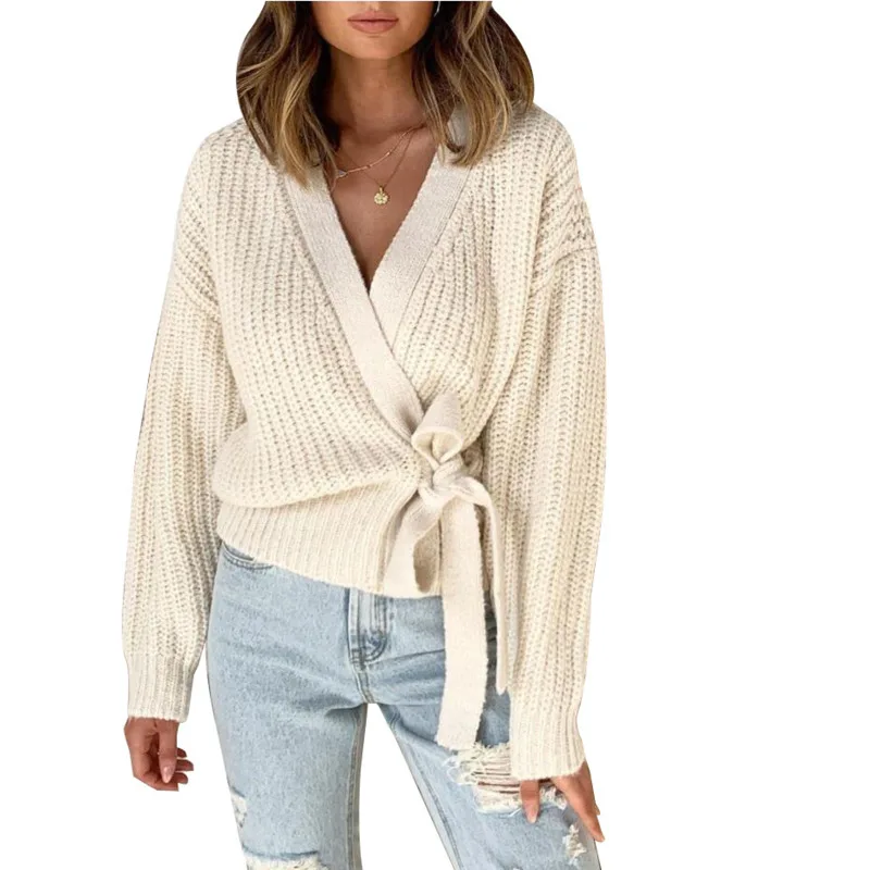 

Knit Sweater Women 2021 Fall/winter Fashion Casual V-neck Tie Cardigan Pure Color Simple Blusa De Frio Feminina Em*
