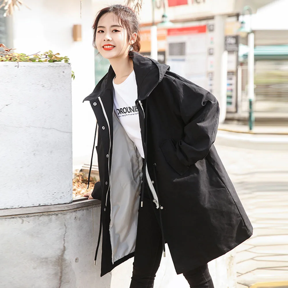 

Trench Coat Womens Mid-length 2021 New Autumn Winter Fashion Casual Loose Hooded Solid Color Long Sleeve Women Jacket