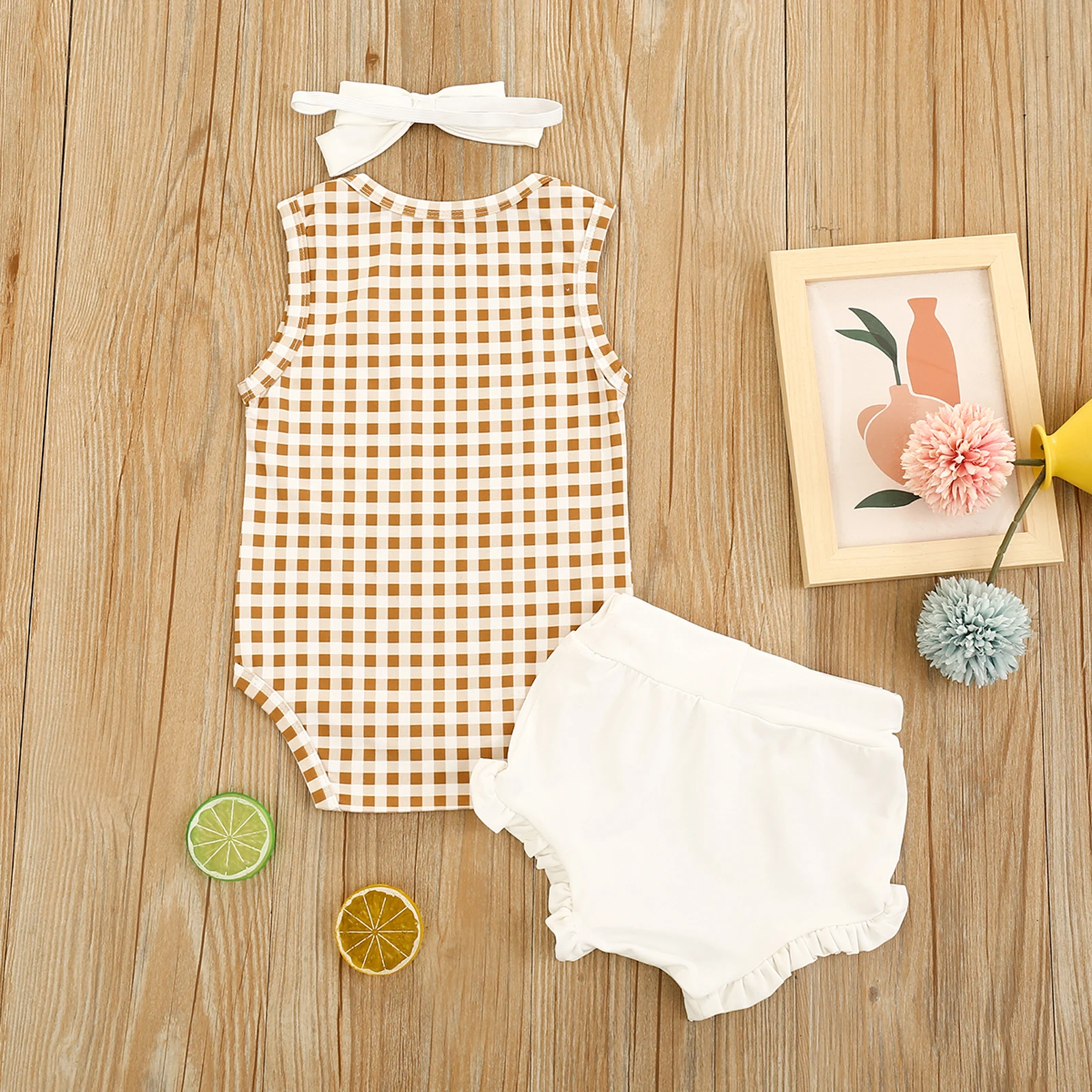 

2021 New Summer 0-24M Toddler Baby Girl 3Pcs Set Plaid Yellow Sleeveless Vest Bodysuit+Ruffled Shorts+Headband Infant Outfit