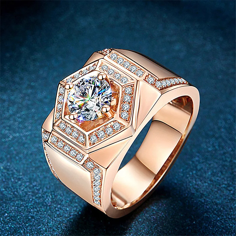 

Full Diamond Fully-Inlaid 18K Rose Gold Plated Platinum Six-Sided Diamond Ring Moissanite Colored Gold Domineering Eight Diagram