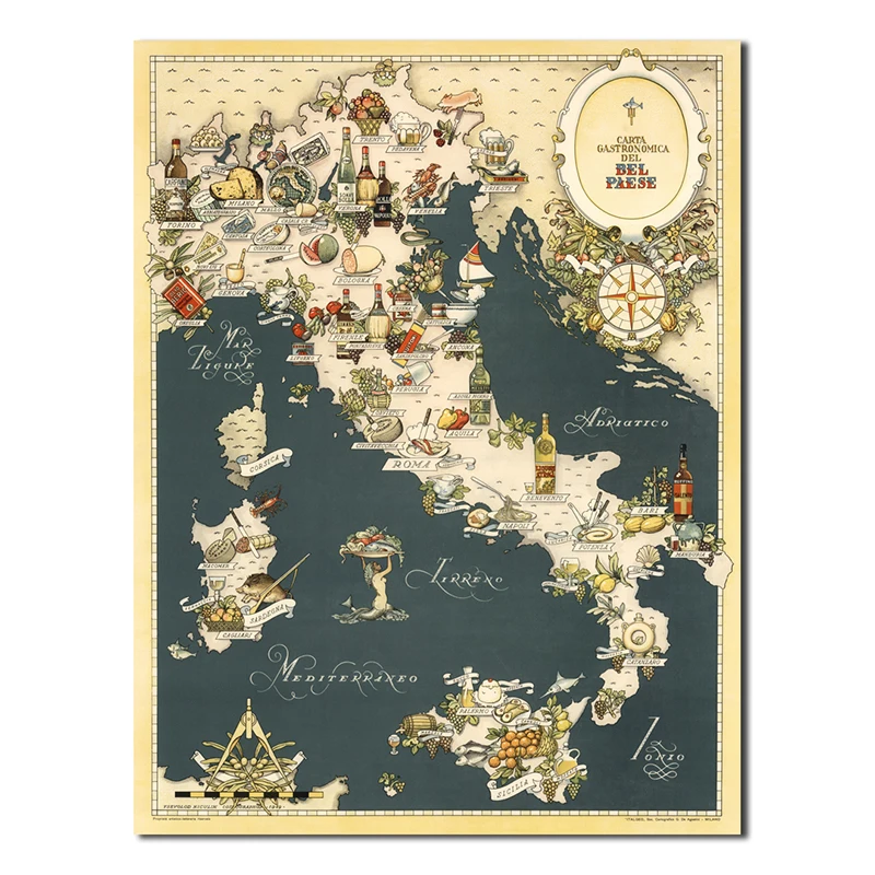 

Creative Map of Italy Fine Foods Handpainted Mediterranean Style Restaurant Wall Decorative Hanging Canvas Paintings/Pictures