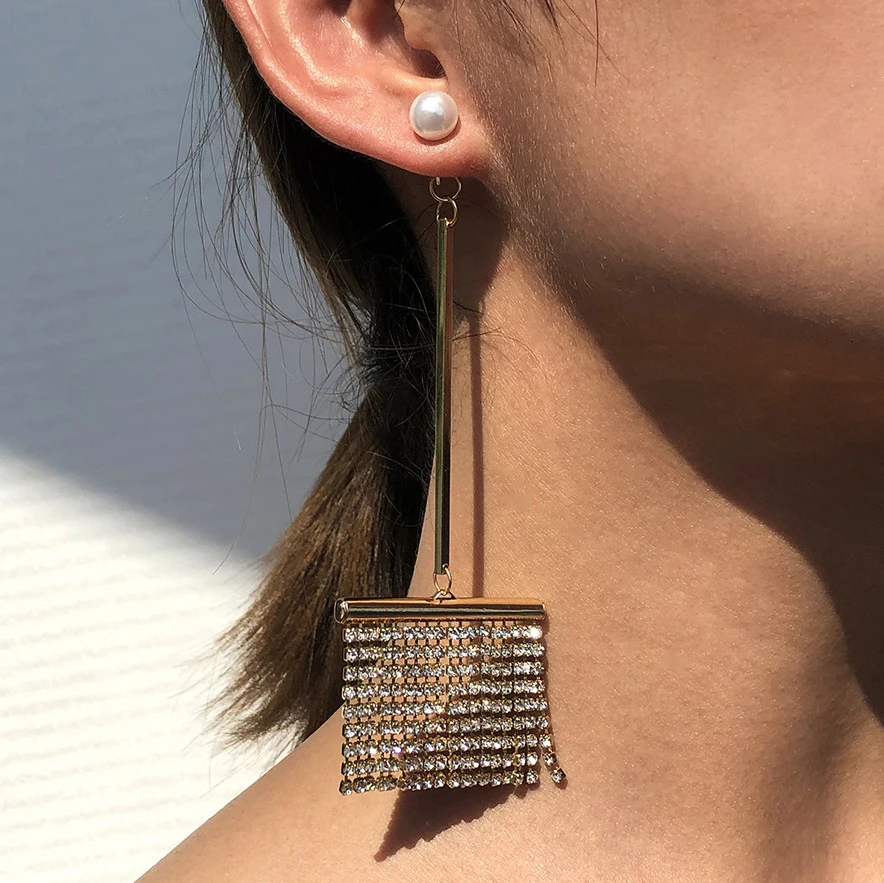 Простые хрустальные серьги для женщин золотого цвета Стразы цепи висячие в стиле