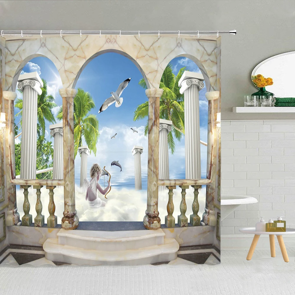

European Garden Scenery Shower Curtain Green Vine Flower Stone Pillar Classical Building Wall Decoration Fabric Hooks Curtains
