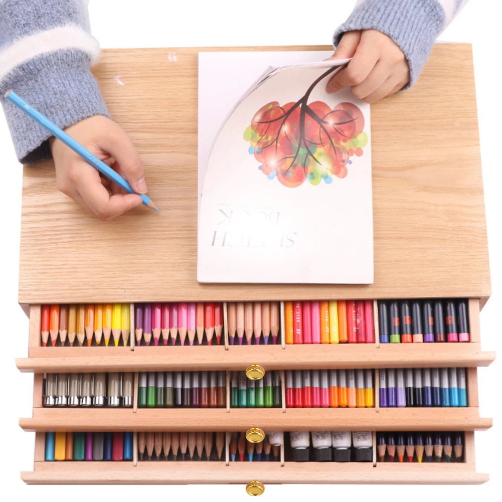 3-слойный ящик для рисования пигментные аксессуары инструментов из бука 15 мест