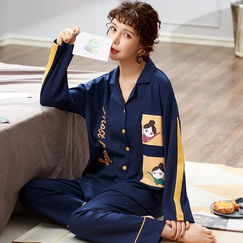 

Set Long-Sleeved Nightwear Cotton Cardigan Pyjamas Casual Blue Cartoon Household clothing Spring and Autumn Women's Pajamas