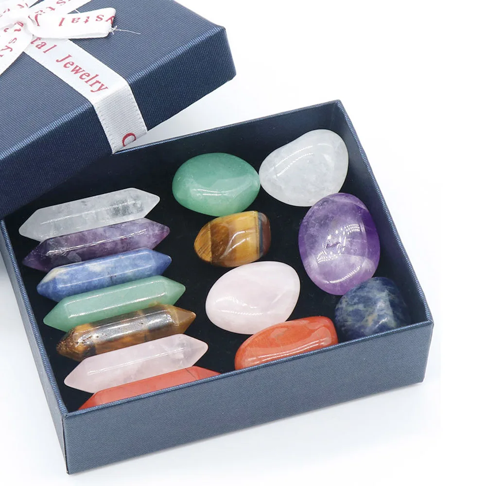 Fashion natural stone hexagonal column + 7pcs irregular stone, 7chakra suit yoga meditation energy stone gift box