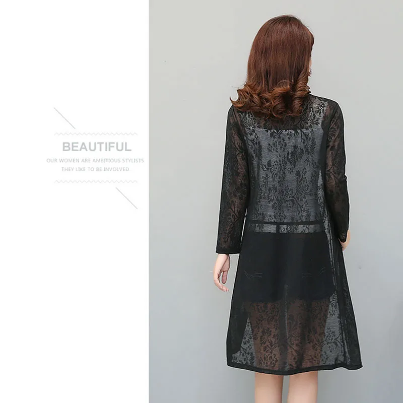 Летнее Кимоно Кардиган Женская Черная кружевная блузка белая длинная рубашка