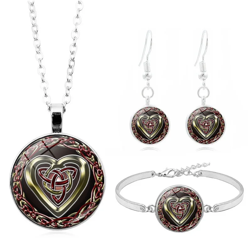 

Celtic Knot Art Photo Jewelry Set Cabochon Glass Pendant Necklace Earring Bracelet Totally 4 Pcs for Women's Fashion Party Gifts