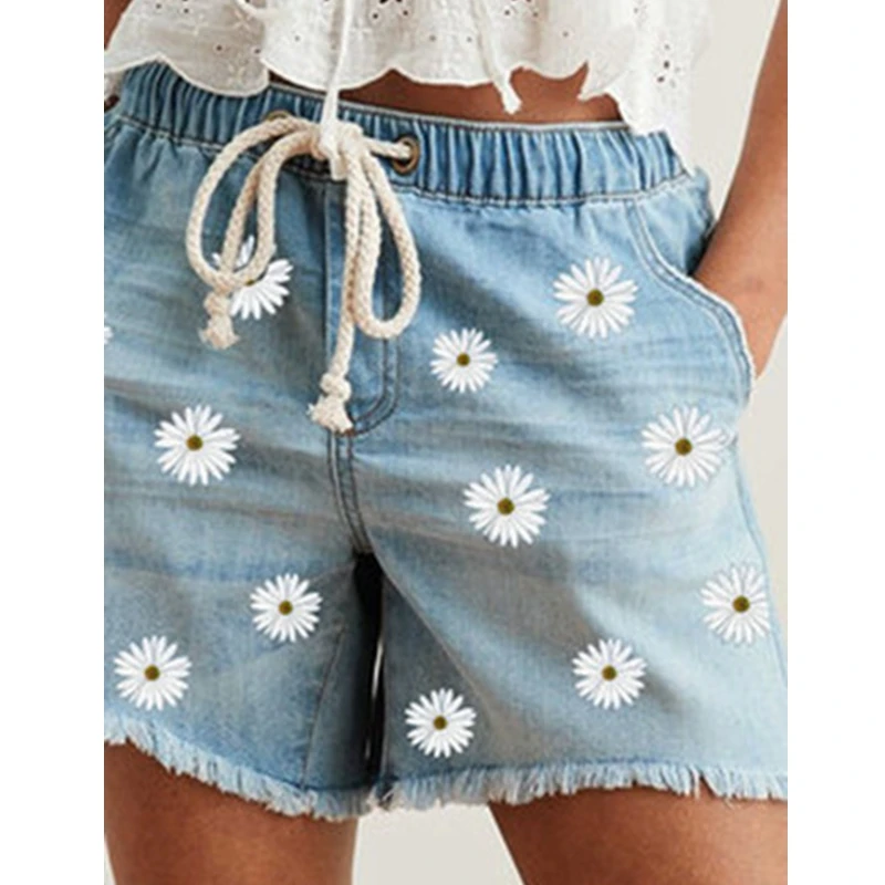

Lugentolo Summer Jean Shorts Women Printed Elastic Waist Plus Size Loose Straight Drawstring Shorts