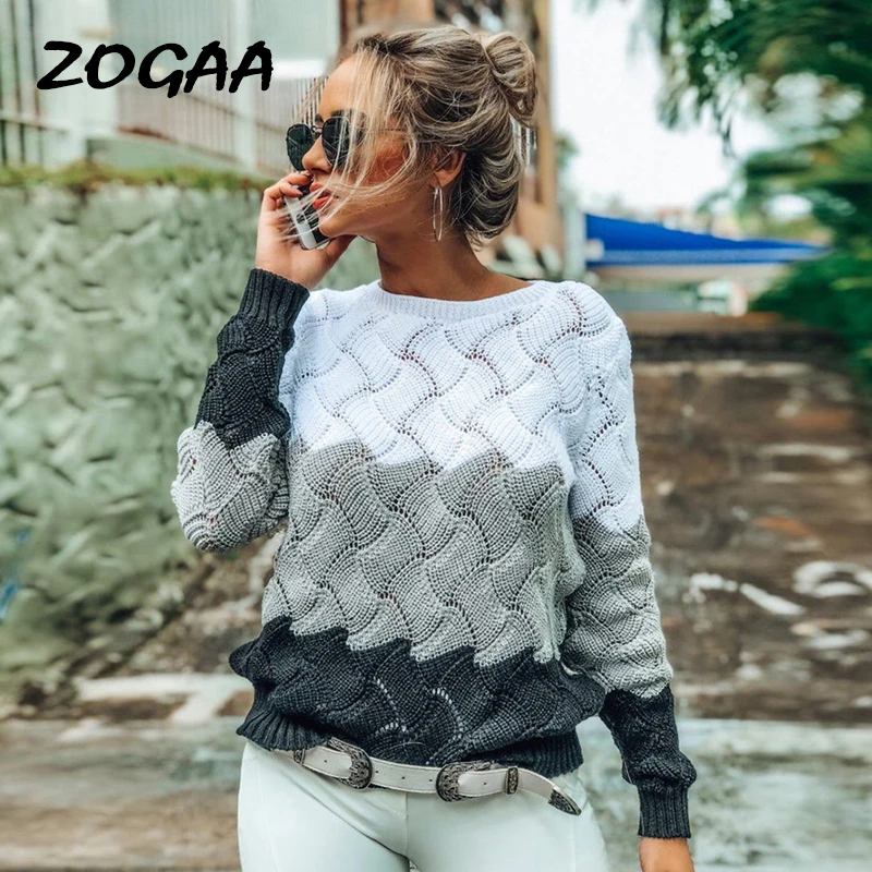 

ZOGAA 2021 Women Winter Long Sleeve Crewneck Knitted Pullover Sweater Vintage Splice Autumn Ladies Pullover Jumper Mit Streifen