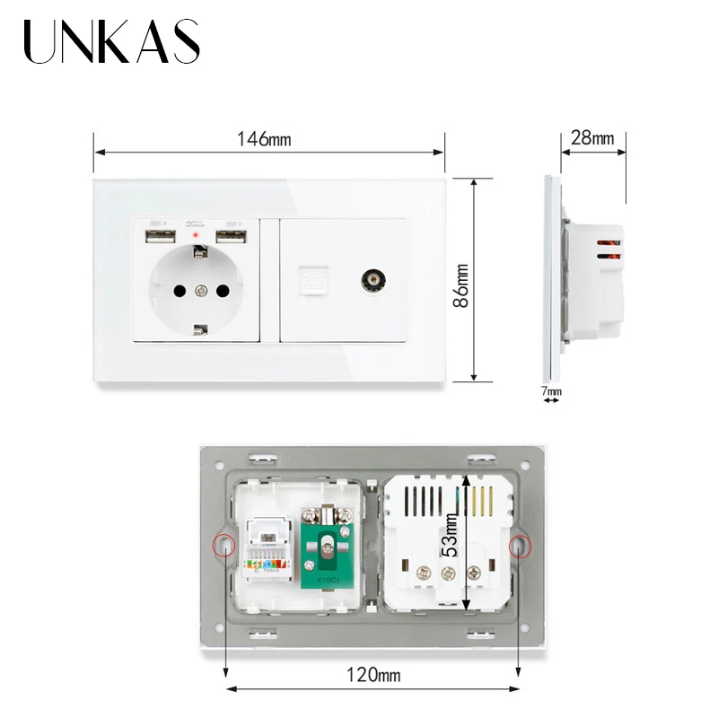 UNKAS Роскошная стеклянная панель настенная розетка стандарта ЕС 2 USB-порта для