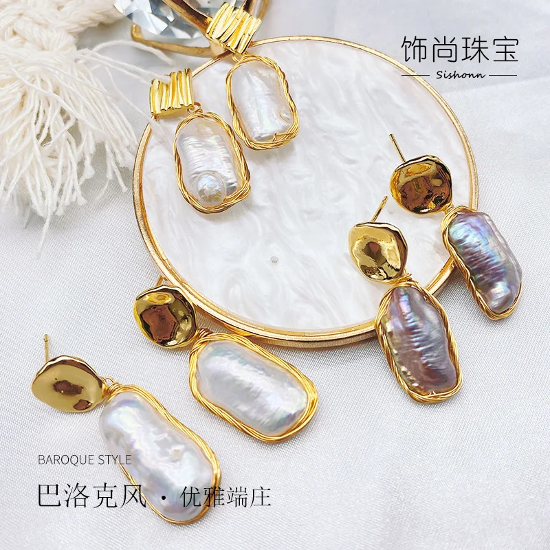 

18K Gold covered Baroque earrings hand woven unique design hanging Earrings special-shaped versatile silver needle Earrings