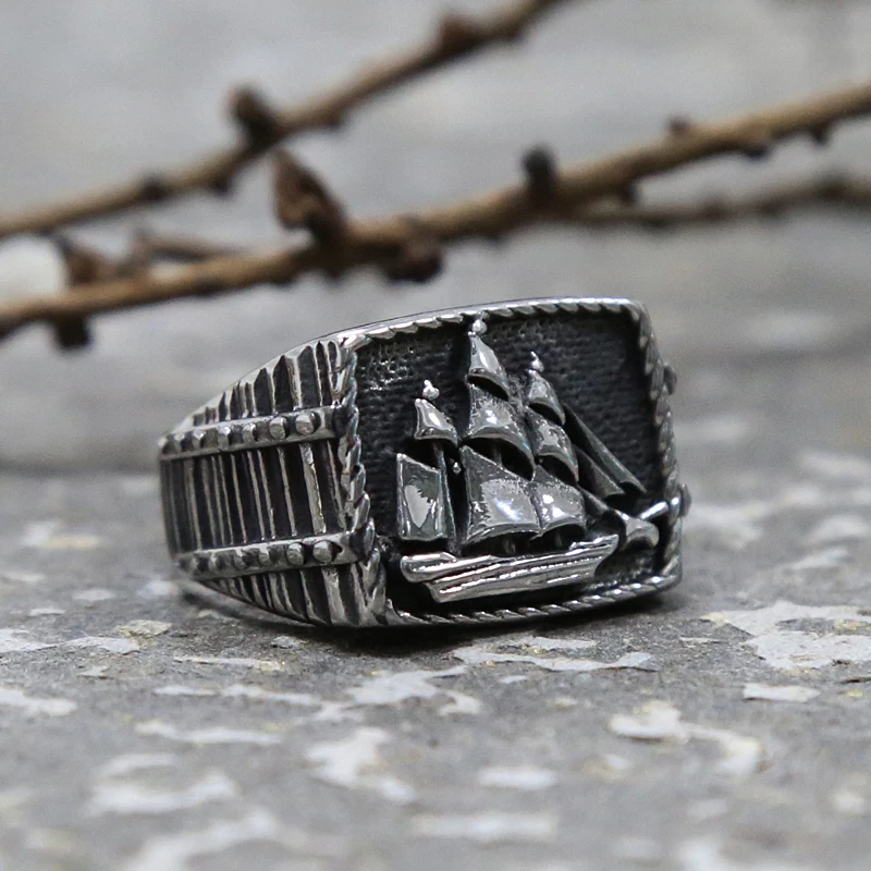 

Unique Pirate Sailboat Ring Men Stainless Steel Nordic Viking Ring Vintage Gothic Punk Signet Ring Good Luck Sailor Jewelry