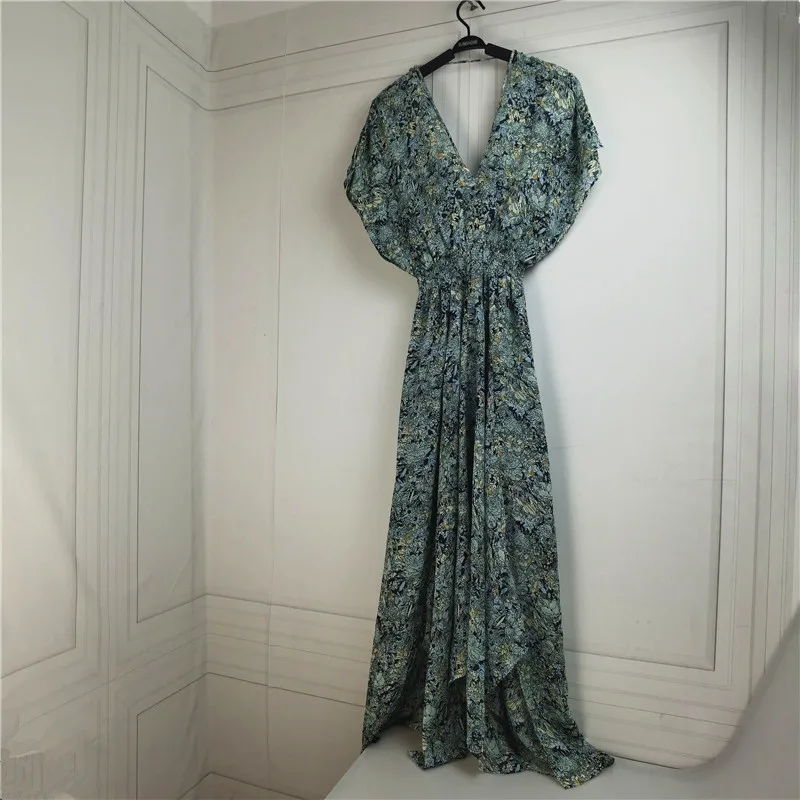 

Женское платье с открытой спиной, асимметричное платье с V-образным вырезом, рукавом летучая мышь и принтом в стиле ретро на раннюю осень 2021