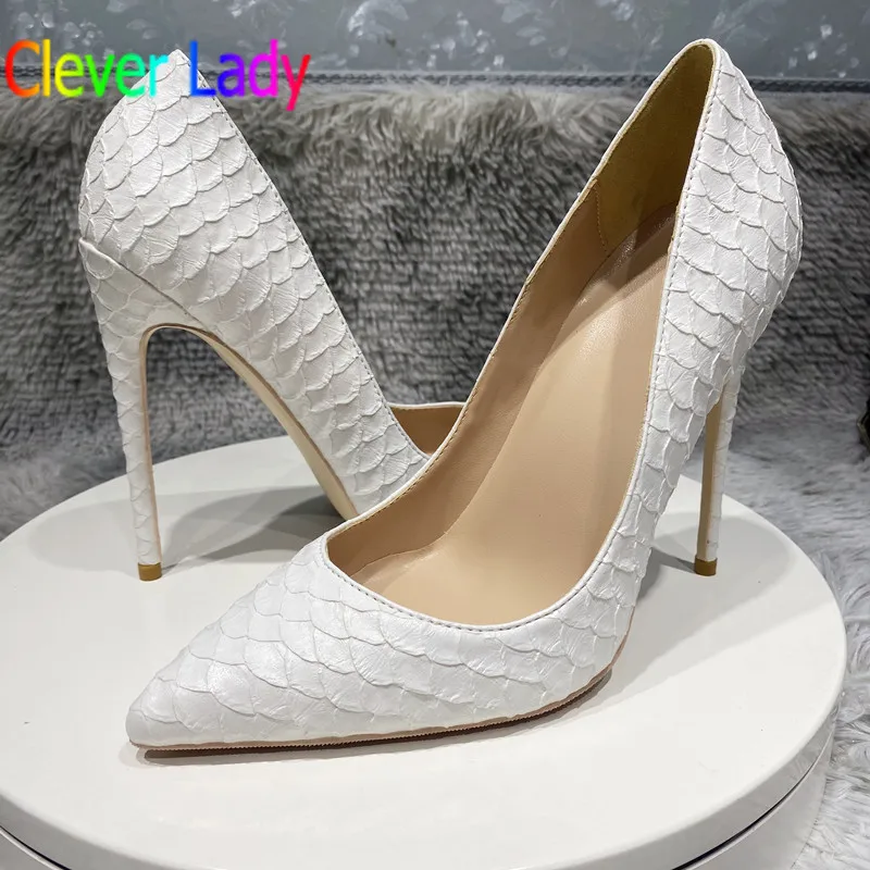 

Clever Lady 2022 Fashion Women Shoes High Heel White Pumps Nude Sole Fishscale Pattern 12cm Stilettos Nightclub Women's Shoes