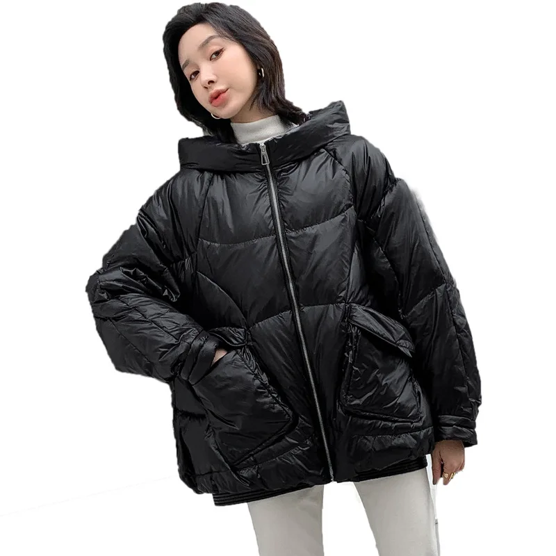 

2021 winter new down jacket women mid-length white duck down large pockets thick hooded long-sleeved down jacket