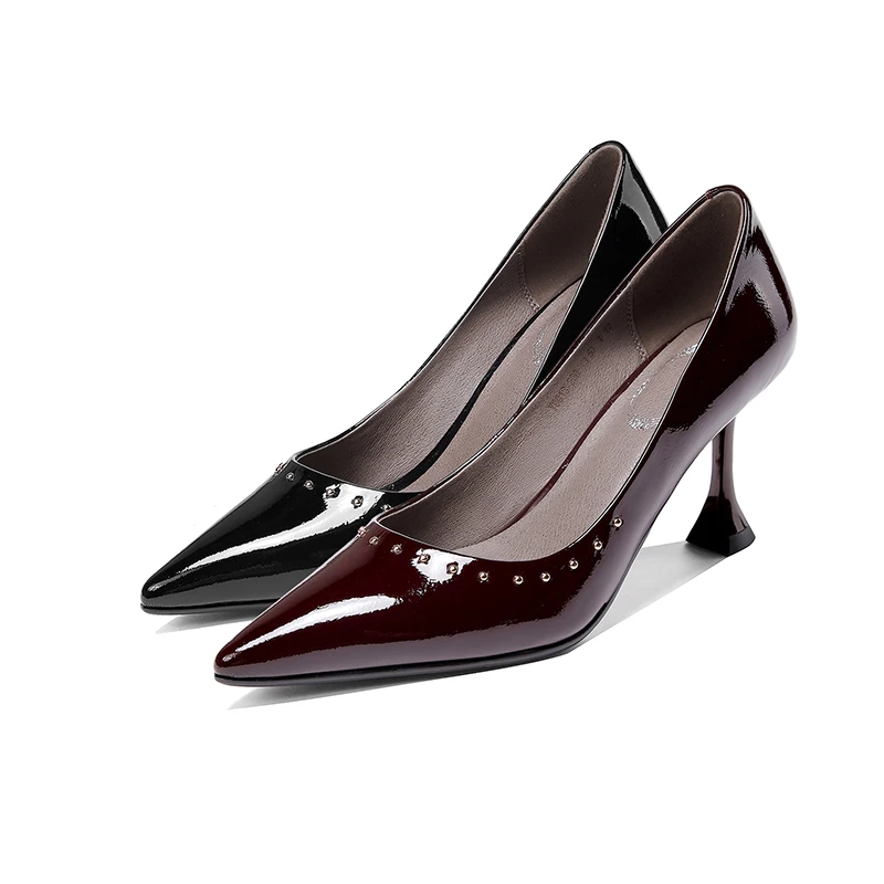 

ISNOM Patent Leather Pumps Shoes Woman Rivets Pointed Toe Thin High Heels Stiletto Pumps Women Shoes Ladies