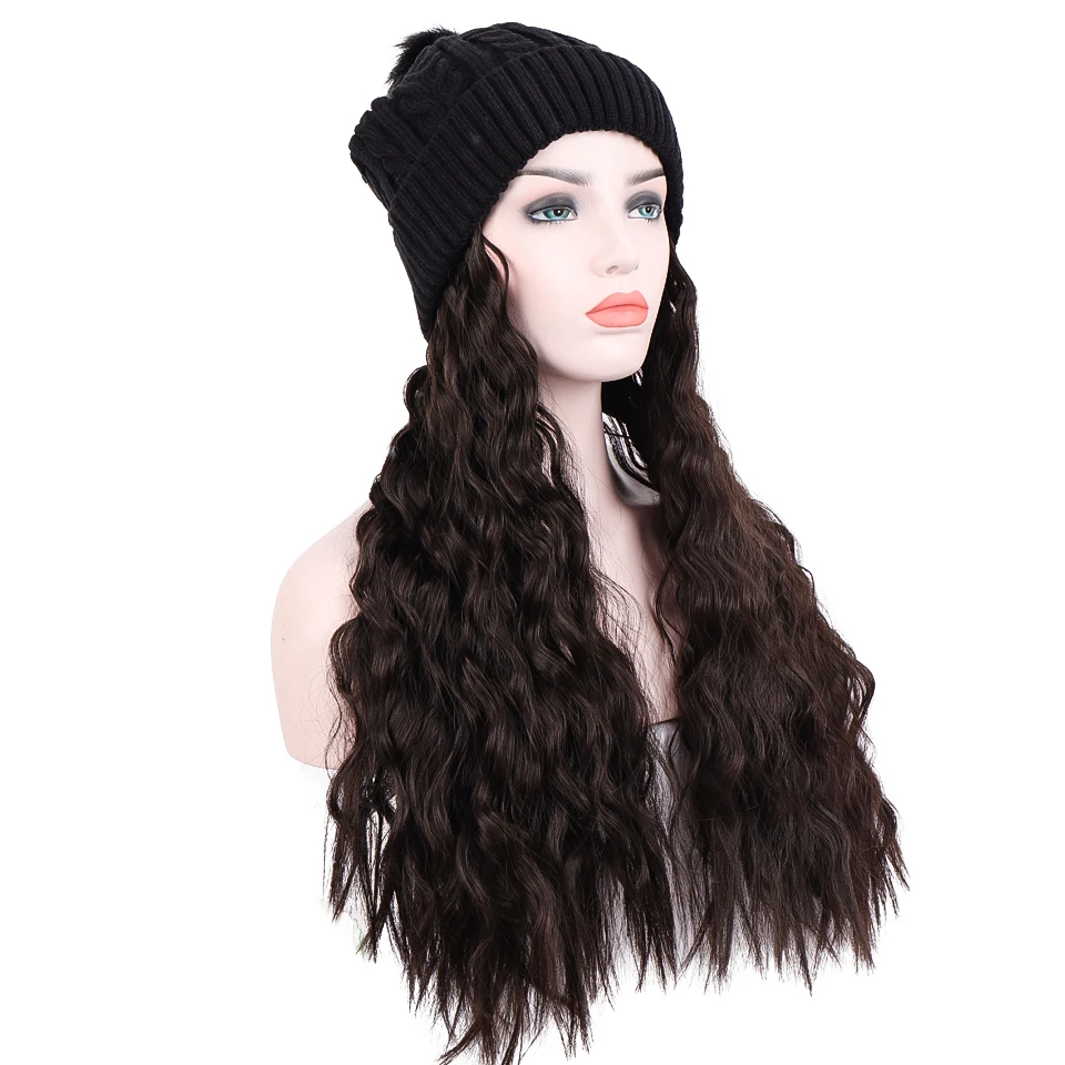 Новая женская шапка длинный вьющийся парик с зимней вязаной толстой шапкой