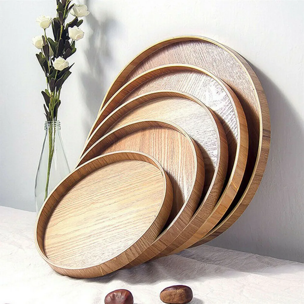 Круглая деревянная тарелка поднос из натурального дерева для сервировки чая еды