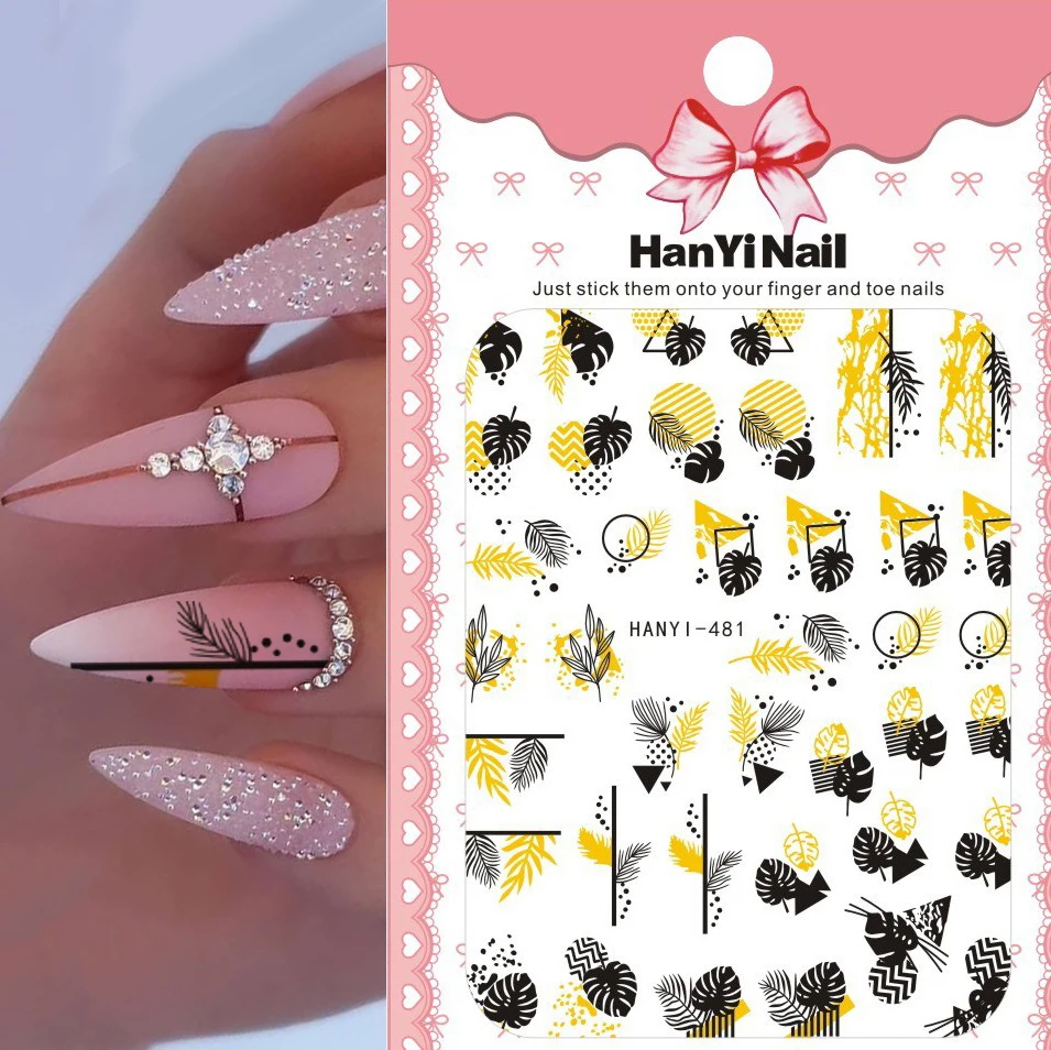 

1pcs Black Gold 3D Leaves Nail Stickers Adhesive Decals Black White DIY Design Slider Laser Nail Art Wraps Decoration 2021 new