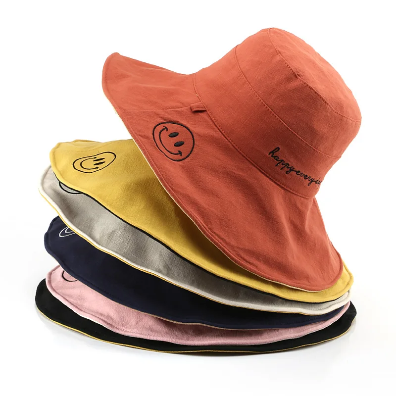 

Embroidery smile adult Summer Foldable wide brim Bucket Hat doulb side hat Beach UV Protection Round Top Sunscreen Fisherman Cap