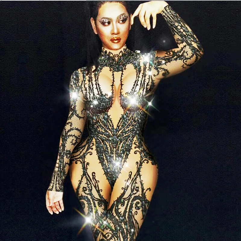 Женский комбинезон певец Dj Ds сексуальный телесный черный со стразами блестящий