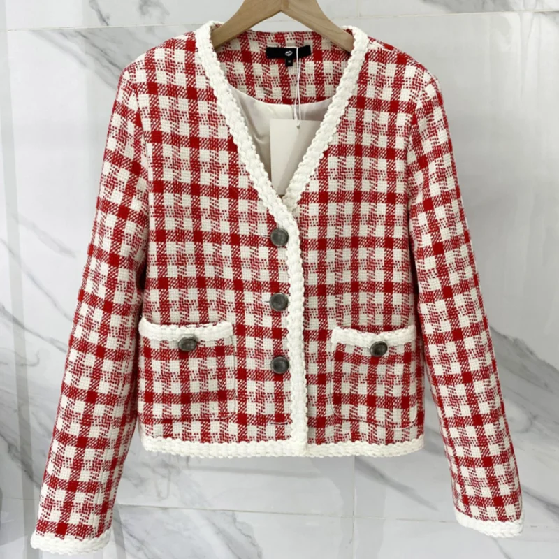 Женский твидовый вязаный кардиган красно белый Клетчатый жакет с металлическими