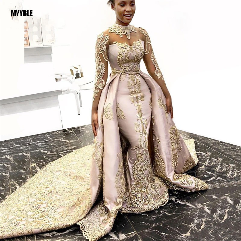 

MYYBLE 2021 Gold Lace 2 Piece Evening Gowns Mermaid Long Prom Gowns See Thru Full Sleeves Formal Dresses Robe De Soiree