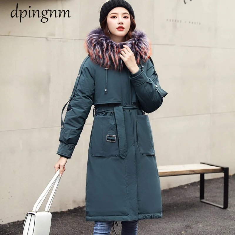 

Женская зимняя парка с капюшоном, элегантная длинная толстая куртка с вышитыми буквами и меховым воротником, зимняя куртка для морозов до-30 ...