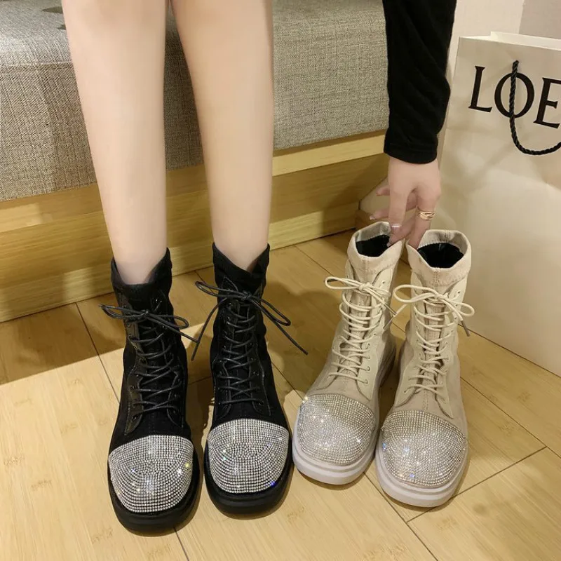 SWYIVY/Роскошные Ботинки martin со стразами женская повседневная обувь Высокий Верх 2019