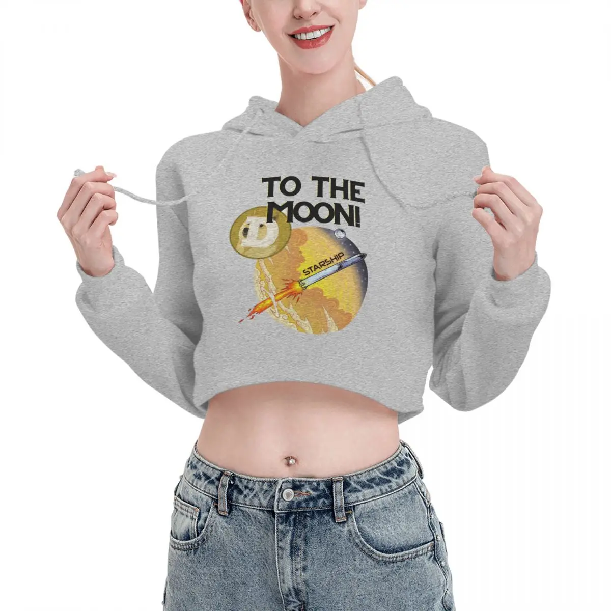 

Open navel Cat Ear Hoodie Sweater Starship And Dogecoin To The Moon Hooded rope Humor Kawaii Print R376 pullover