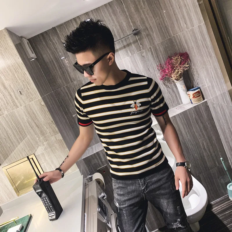 Футболка мужская с круглым вырезом трикотажная рубашка в полоску облегающая