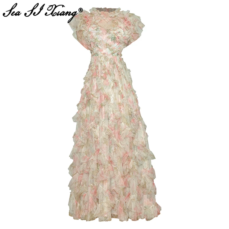 Seasixiang Fashion Designer Summer Mesh Long Dress Women Stand Collar Short Sleeve Flower Print Ruffles Bohemian Maxi Dresses