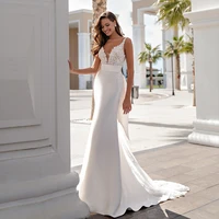 charming mermaid wedding dresses for woman sleeveless v neck with bow sweep train floor bridal gown 2021 summer satin vestidos