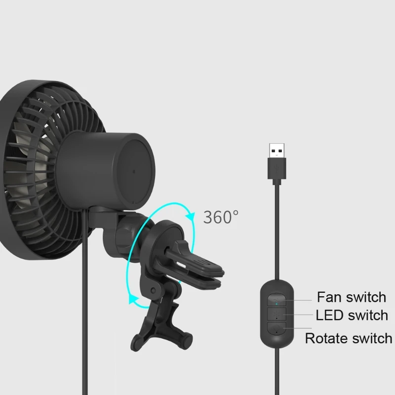 

Car Vent USB Fan 3 Speed Oscillation LED Light 360 Rotation Air Circulating Fan