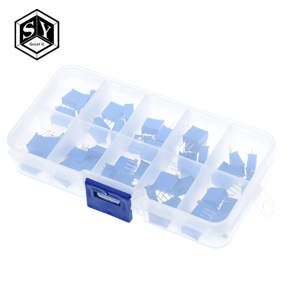 

Комплект потенциометров высокой точности 3296, 50 шт., 3296 Вт, многооборотный Подстроечный резистор, переменный резистор 500R, 1 к, 2 к, 5 к, 10 к, 20 к, 50 ...