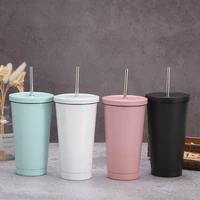 coffee straw cup stainless steel double insulation mug vacuum straw water bottle beer tea cup drink straw thermal mug