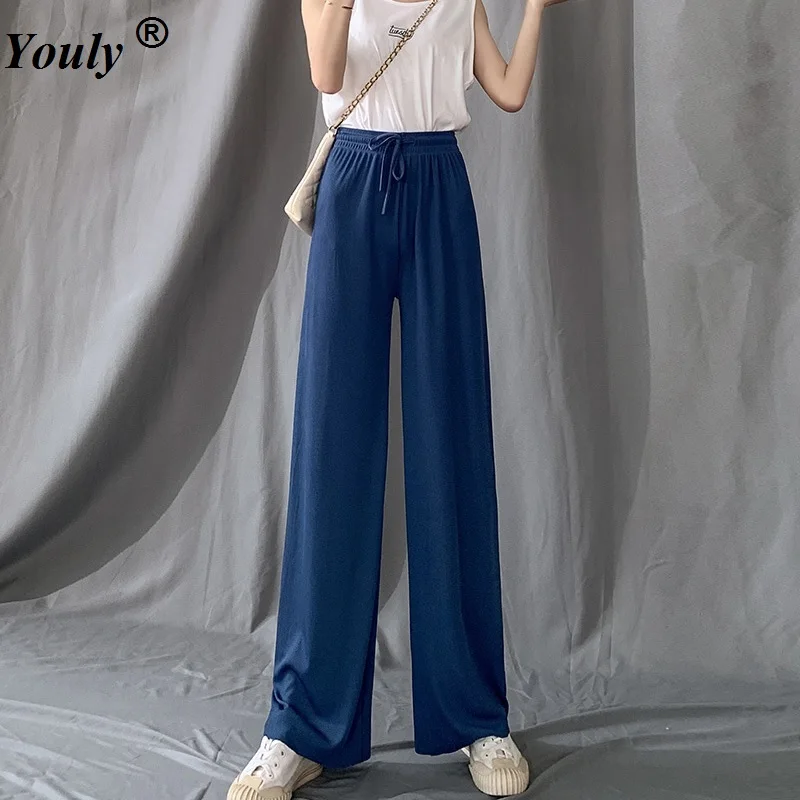 Women Ice Silk Knit Long Pants Trousers Female Casual Wide Leg Loose Long Pants Elastic Waist Straight Drape Pants