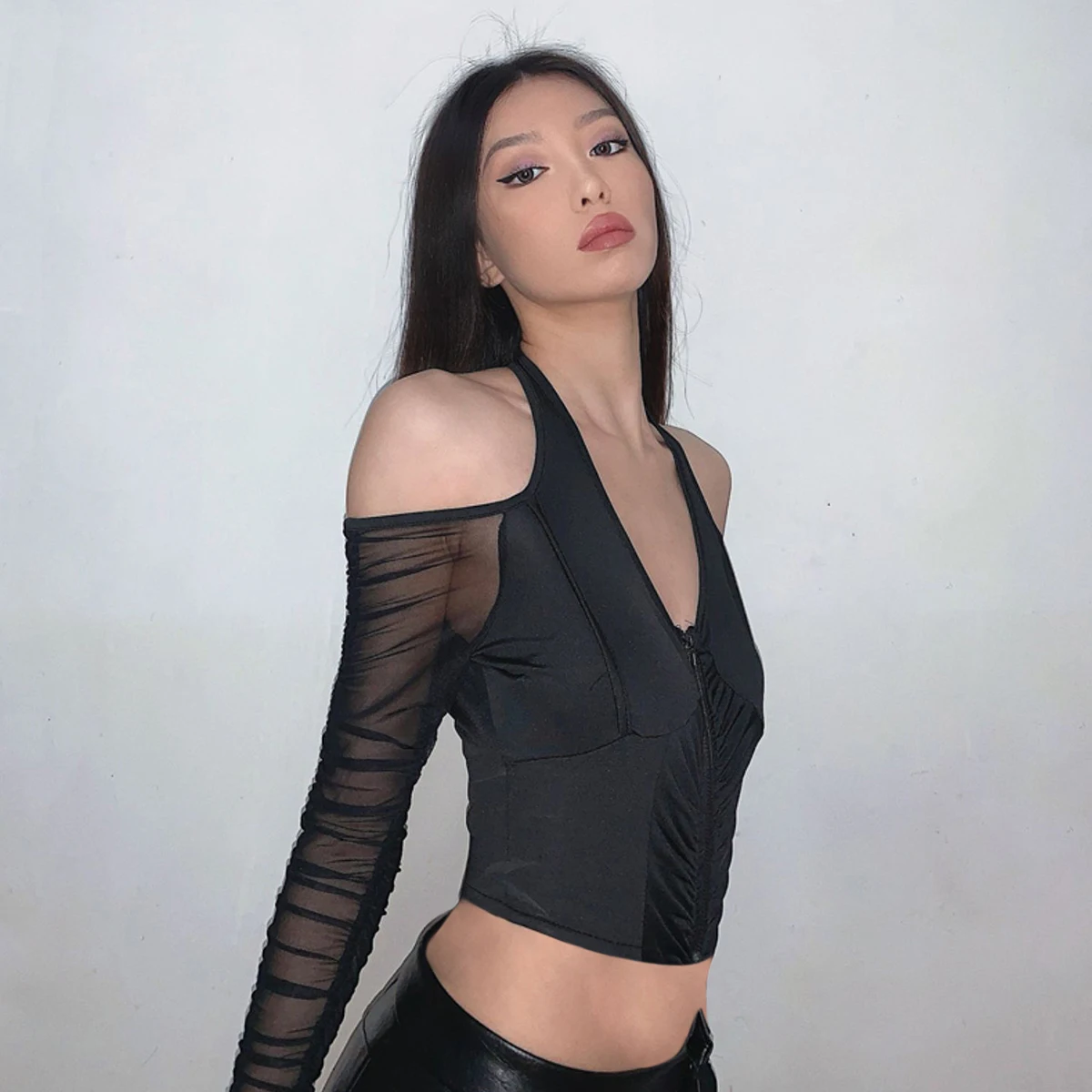 

Pirate Curiosity 2021 Sexy Women Blouses Top V-Neck Halter Long Sleeve Net Yarn Perspective Tops Cardigan Clubwear Party Top