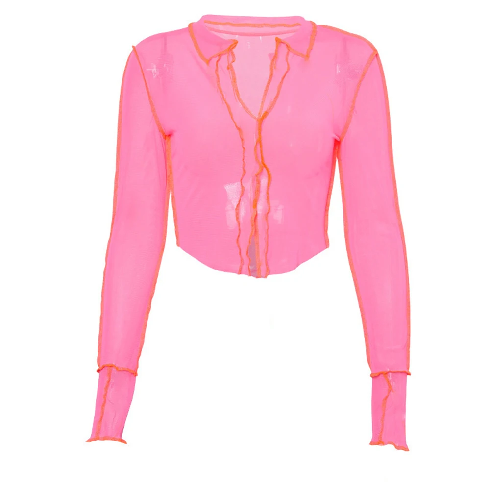 

Transparent Sexy T-shirt for Women Long Sleeve V Neck Slim Fitting Pullover Tops Female Mesh Crop Top Shirt Street Club Wear