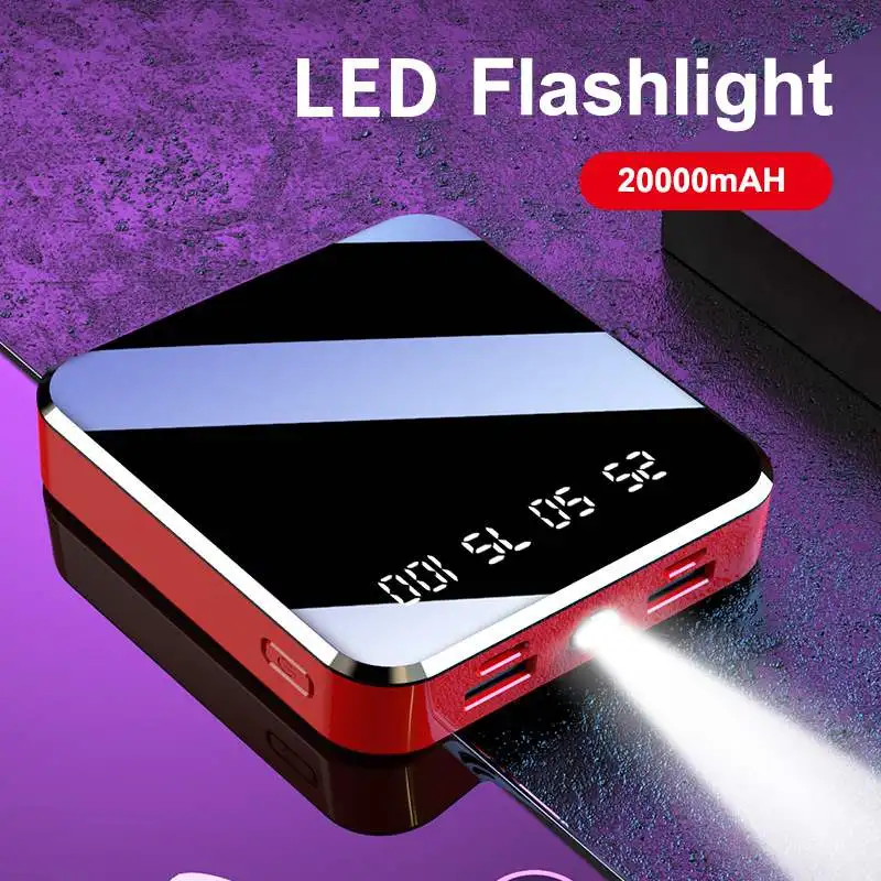 20000mAh мини-панель солнечных батарей Мощность банк 2.1A Быстрая зарядка с светодиодный фонарик небольшой полное зеркальное Экран Дисплей внешний Портативный Батарея Зарядное устройство