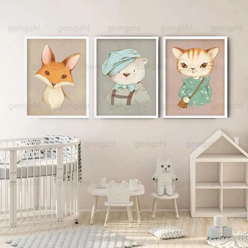 

Cartoon Cute Animal Kitten Fox Rabbit In Skirt Kid's Room Decoration Wall Painting Frameless Canvas Printing Frameless Poster