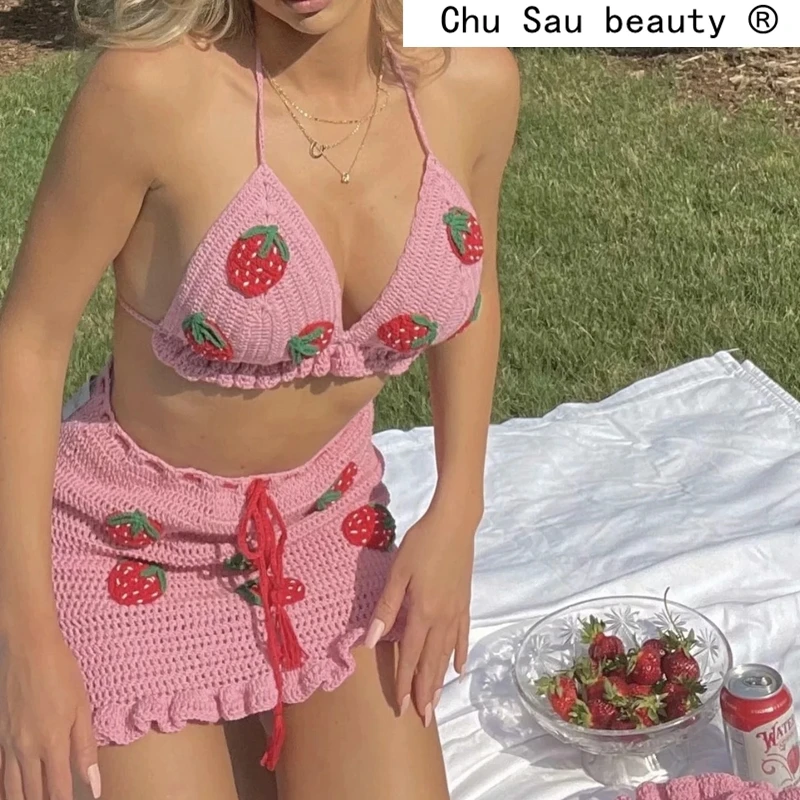 

New Fashion Sweet Chic Strawberry Jacquard Hollow Out Knitted 2 piece Set Women Sexy Deep V-neck Camisole+Mini Skirts Sets