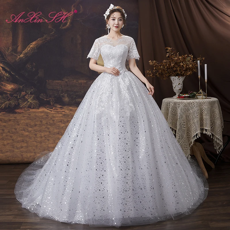 AnXin SH принцесса блестящее кружево белое вечернее винтажное платье с круглым