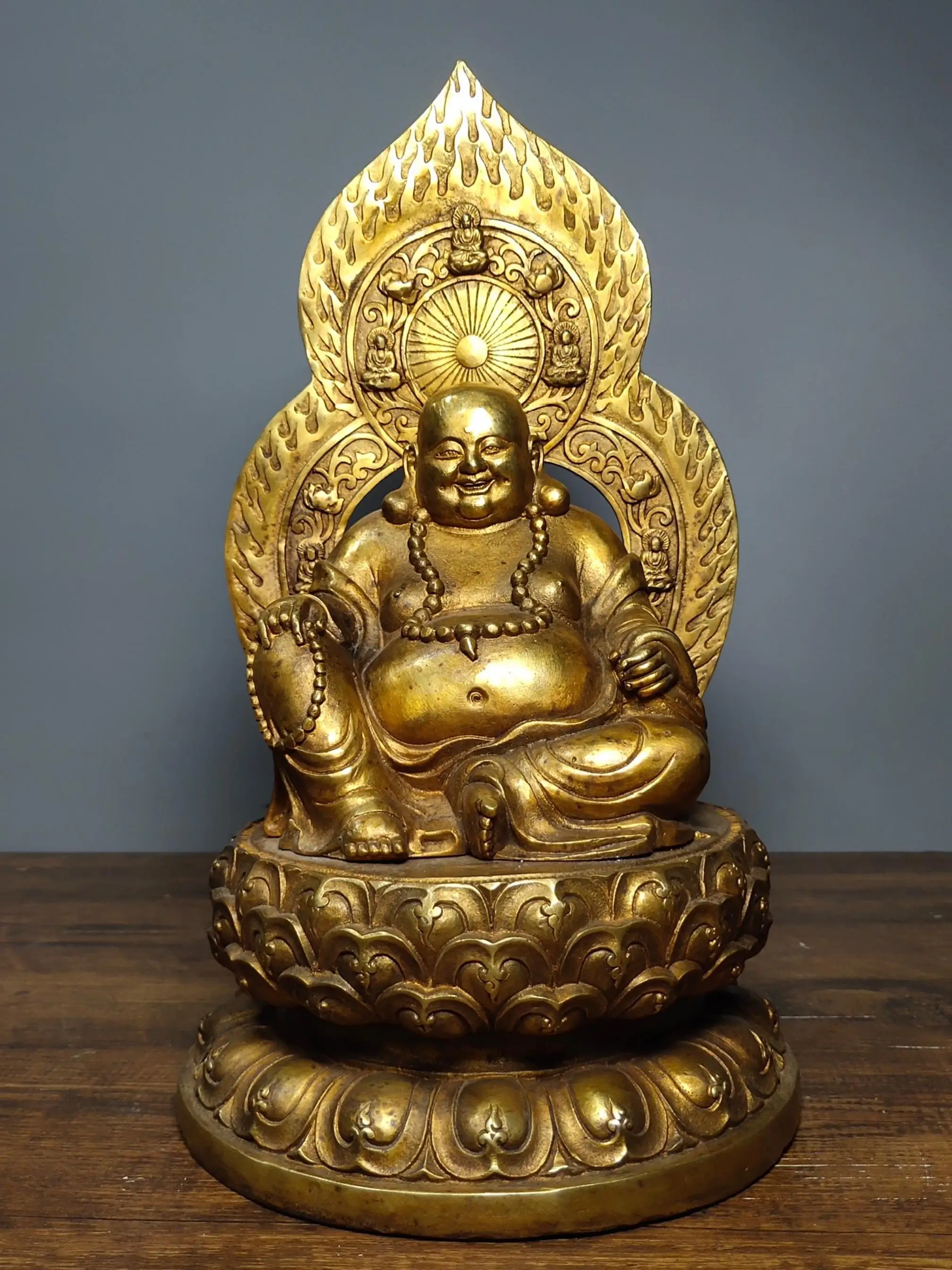 

Home Decor 11" Tibet Buddhism Temple Old Bronze Gilt Big belly Maitreya Buddha statue Amitabha statue Enshrine the Buddha