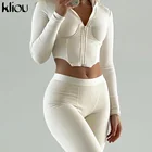 Kliou хипстерский вязаный комплект из двух предметов, Женский уникальный дизайн, на груди, на молнии, топ с капюшоном + однотонные облегающие спортивные женские штаны